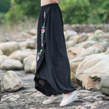 Embroidery Harem Pants Women Black Linen Trousers Plus Size Loose Dress Pants Flower Wide Leg Pants Black Long Sweatpants