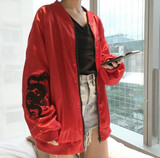 Embroidery Dragon Harajuku Japanese Darkness Unisex BF Red Satin Silky Down Jackets bomber baseball soft silk jacket embroidered
