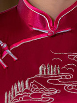 Embroidery Cap Sleeve Side Split Long Cheongsam Dress
