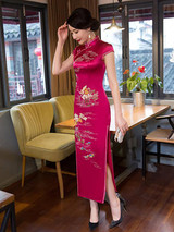 Embroidery Cap Sleeve Side Split Long Cheongsam Dress