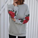Embroidery Big Red Rose Flower Floral Sweatshirt Women Winter 2017 New Fashion Casual Female Hoodies Ladies Pullover Gray Black