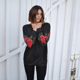Embroidery Big Red Rose Flower Floral Sweatshirt Women Winter 2017 New Fashion Casual Female Hoodies Ladies Pullover Gray Black