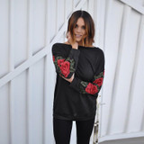 Embroidery Big Red Rose Flower Floral Sweatshirt Women Winter 2017 New Fashion Casual Female Hoodies Ladies Pullover Gray Black