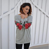 Embroidery Big Red Rose Flower Floral Sweatshirt Women Winter 2017 New Fashion Casual Female Hoodies Ladies Pullover Gray Black