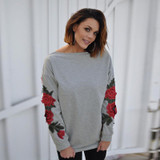 Embroidery Big Red Rose Flower Floral Sweatshirt Women Winter 2017 New Fashion Casual Female Hoodies Ladies Pullover Gray Black