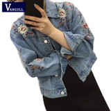 Embroidered short denim jacket women 2017 Spring Autumn Winter ladies long sleeve jacket coat Fashion female jean jacket outwear