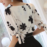 Embroidered Shirt Women Summer Tops Floral Black White Slim Chiffon Blouse Brand Quality Plus Size Casual Bow Half Sleeve Shirt