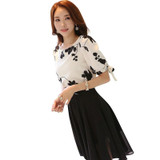 Embroidered Shirt Women Summer Tops Floral Black White Slim Chiffon Blouse Brand Quality Plus Size Casual Bow Half Sleeve Shirt