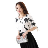Embroidered Shirt Women Summer Tops Floral Black White Slim Chiffon Blouse Brand Quality Plus Size Casual Bow Half Sleeve Shirt