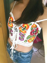 Embroidered Hollow Bandage Spaghetti-neck T-Shirt Tops