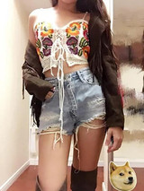 Embroidered Hollow Bandage Spaghetti-neck T-Shirt Tops