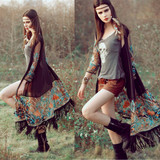 Embroidered Floral Retro Long Kimono Cardigan Ethnic Style Chiffon Blouse Cover Up Quarter Sleeve Tassel Hem Kimonos Plus Size