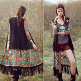 Embroidered Floral Retro Long Kimono Cardigan Ethnic Style Chiffon Blouse Cover Up Quarter Sleeve Tassel Hem Kimonos Plus Size