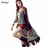 Embroidered Floral Retro Long Kimono Cardigan Ethnic Style Chiffon Blouse Cover Up Quarter Sleeve Tassel Hem Kimonos Plus Size