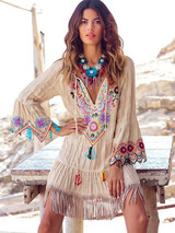 Embroidered Flared Sleeves Tasseled Mini Dress