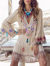 Embroidered Flared Sleeves Tasseled Mini Dress