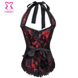 Embroidered Brocade Red and Black Corset Bustier Halter Tops Gothic Clothing Burlesque Corsets Women Espartilho E Corselets