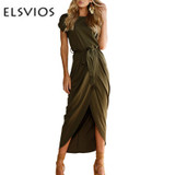 ELSVIOS 6 Colors Sexy Summer Dress Lady Outfit High Split Casual Long Maxi Dress Solid Women's Retro Dresses With Belt Vestidos