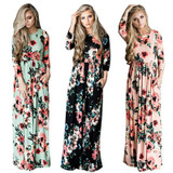 ELSVIOS Women O neck Long Dress Summer Floral Printed Boho Beach Dress Fashion Three Quarter sleeve Loose Maxi Dress Vestidos