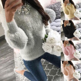 ELSVIOS Women Fleece Warm Autumn Winter Sweater Fashion O Neck Long Sleeve Knitted Sweaters Casual Solid Elegant Pullovers Tops