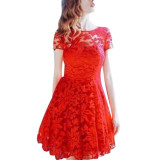 ELSVIOS Women Casual Floral Lace Dress 2017 Fashion Ladies Short Sleeve Dresses Soild Color Blue Red Black Evening Party Dress