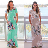 ELSVIOS Women Bohemia Floral Print Long Dress Women Short Sleeve O Neck Beach Boho Long Dress Loose Maxi Dress Vestido Plus Size