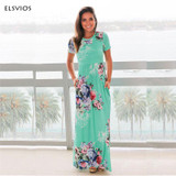 ELSVIOS Women Bohemia Floral Print Long Dress Women Short Sleeve O Neck Beach Boho Long Dress Loose Maxi Dress Vestido Plus Size