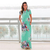 ELSVIOS Women Bohemia Floral Print Long Dress Women Short Sleeve O Neck Beach Boho Long Dress Loose Maxi Dress Vestido Plus Size