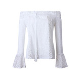 ELSVIOS Lace Stitching Blouses Sexy Hollow Out Off Shoulder Blouses Shirts Long Flare Sleeve White Black Cotton Blusa Women Tops