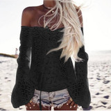 ELSVIOS Lace Stitching Blouses Sexy Hollow Out Off Shoulder Blouses Shirts Long Flare Sleeve White Black Cotton Blusa Women Tops