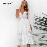 ELSVIOS Fashion Strap Backless Women Dress 2018 Summer Sexy V Neck button Lace Dresses Casual White Beach Dress Female Vestidos ELSVIOS Fashion Strap Backless Women Dress 2018 Summer Sexy V Neck button Lace Dresses Casual White Beach Dress Female Vestidos