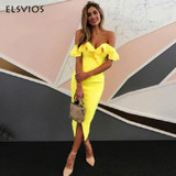 ELSVIOS Double Ruffle Slash Neck Summer Dress 2018 Boho Style Women Dress Off Shoulder Butterfly Sleeve Slim Split Party Dresses