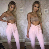 ELSVIOS 6 Colors High Waist Trousers Women Pants Bow Tie Drawstring Elastic Waist Pants With Pockets Summer Sweet Pencil Pants