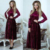 ELSVIOS 2018 Spring Velvet Pleated Dress Women Winter Autumn Robe Velours Elegant Vintage Belted Long Sleeve Dress With Sashes