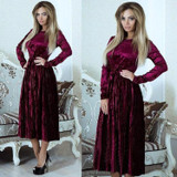 ELSVIOS 2018 Spring Velvet Pleated Dress Women Winter Autumn Robe Velours Elegant Vintage Belted Long Sleeve Dress With Sashes