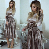 ELSVIOS 2018 Spring Velvet Pleated Dress Women Winter Autumn Robe Velours Elegant Vintage Belted Long Sleeve Dress With Sashes