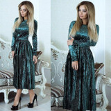 ELSVIOS 2018 Spring Velvet Pleated Dress Women Winter Autumn Robe Velours Elegant Vintage Belted Long Sleeve Dress With Sashes