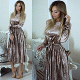 ELSVIOS 2018 Spring Velvet Pleated Dress Women Winter Autumn Robe Velours Elegant Vintage Belted Long Sleeve Dress With Sashes