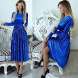 ELSVIOS 2018 Spring Velvet Pleated Dress Women Winter Autumn Robe Velours Elegant Vintage Belted Long Sleeve Dress With Sashes