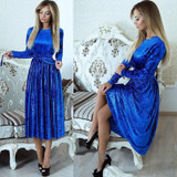 ELSVIOS 2018 Spring Velvet Pleated Dress Women Winter Autumn Robe Velours Elegant Vintage Belted Long Sleeve Dress With Sashes