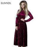 ELSVIOS 2018 Spring Velvet Pleated Dress Women Winter Autumn Robe Velours Elegant Vintage Belted Long Sleeve Dress With Sashes