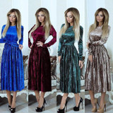ELSVIOS 2018 Spring Velvet Pleated Dress Women Winter Autumn Robe Velours Elegant Vintage Belted Long Sleeve Dress With Sashes