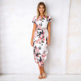 ELSVIOS 2018 Sexy V-Neck Printed Section Dress Women Summer Beach Dress Casual Short Sleeve Dresses With Belt Vestidos 6 colors