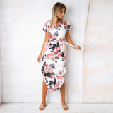 ELSVIOS 2018 Sexy V-Neck Printed Section Dress Women Summer Beach Dress Casual Short Sleeve Dresses With Belt Vestidos 6 colors