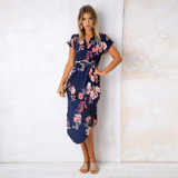ELSVIOS 2018 Sexy V-Neck Printed Section Dress Women Summer Beach Dress Casual Short Sleeve Dresses With Belt Vestidos 6 colors