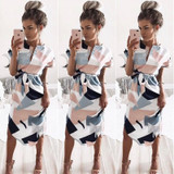 ELSVIOS 2018 Spring Sexy V-Neck Printed Section Dress Women Summer Beach Dress Casual Short Sleeve Dresses With Belt Vestido 3XL