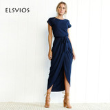 ELSVIOS 2017 Women Sexy Long Maxi Summer Dress Side Split Loose Dress Short Sleeve Evening Party Dress with Pocket Vestidos