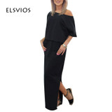 ELSVIOS 2017 Women Sexy Long Maxi Summer Dress Side Split Loose Dress Short Sleeve Evening Party Dress with Pocket Vestidos