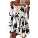 ELSVIOS 2017 Summer Floral Print Dress Sexy Off The Shoulder Slash Neck Beach Dress Casual Flare Sleeve Women Dress Vestidos