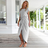 ELSVIOS 2017 Sexy Summer Dress Lady Outfit High Split Casual Long Maxi Dress solid Women's Retro dress With Belt Vestidos